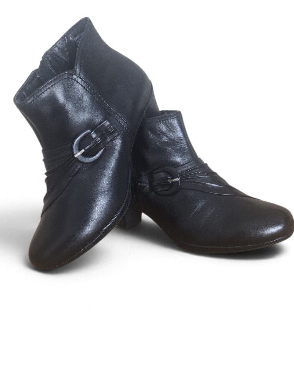 Easy Spirit "Emerine" Black Leather Dress Booties Size 6W Ruched Buckle 2” Heel